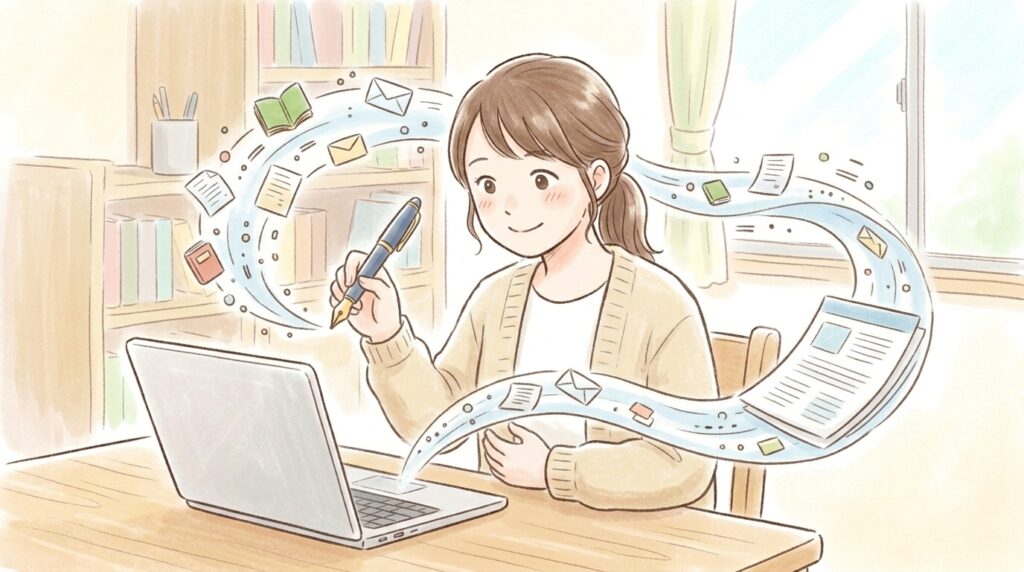 散らばった情報をペンを使い魔法のように綺麗に整理整頓し、一本のリボンにしてパソコンへと繋げていく、事務職スキルを活かすママのイラスト