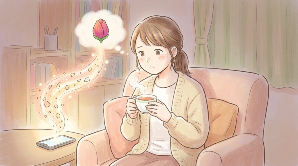 ソファで退屈そうにしながらも、胸の中に秘めた成長の蕾（何かしたいというエネルギー）が、SNSの光を受けて溢れ出ようとしているママのイラスト