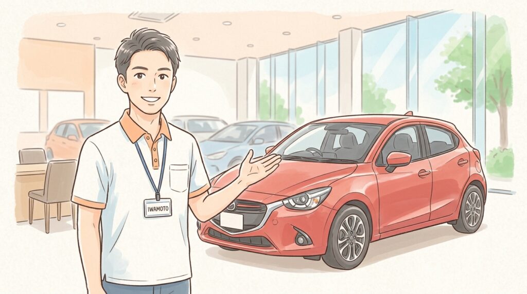 自動車販売店で笑顔で働く20代後半の男性スタッフ（岩本さん）のイラスト。清潔感があり、親しみやすい雰囲気。