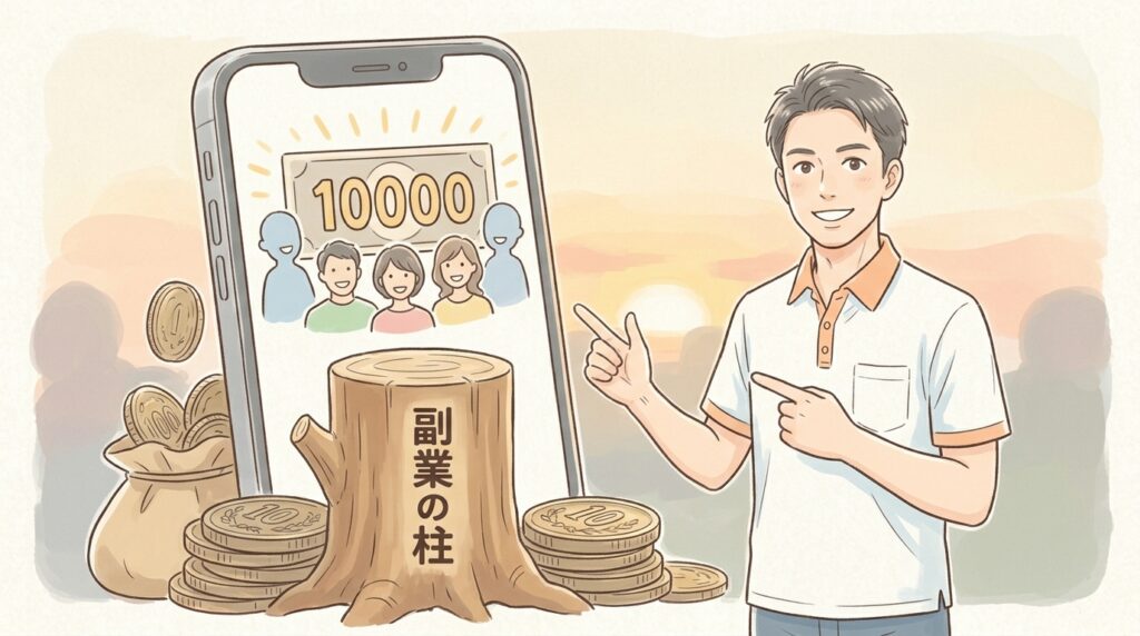スマートフォンに『10000フォロワー』と表示され、そのスマホが太い木の柱に支えられているイラスト。副業が生活の柱になったことを表現。
