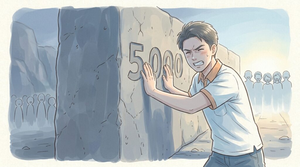 『5000フォロワー』と書かれた大きな石の壁の前で、人物が座り込み、少し疲れた表情で壁を見上げているイラスト。運用の停滞期を表現。