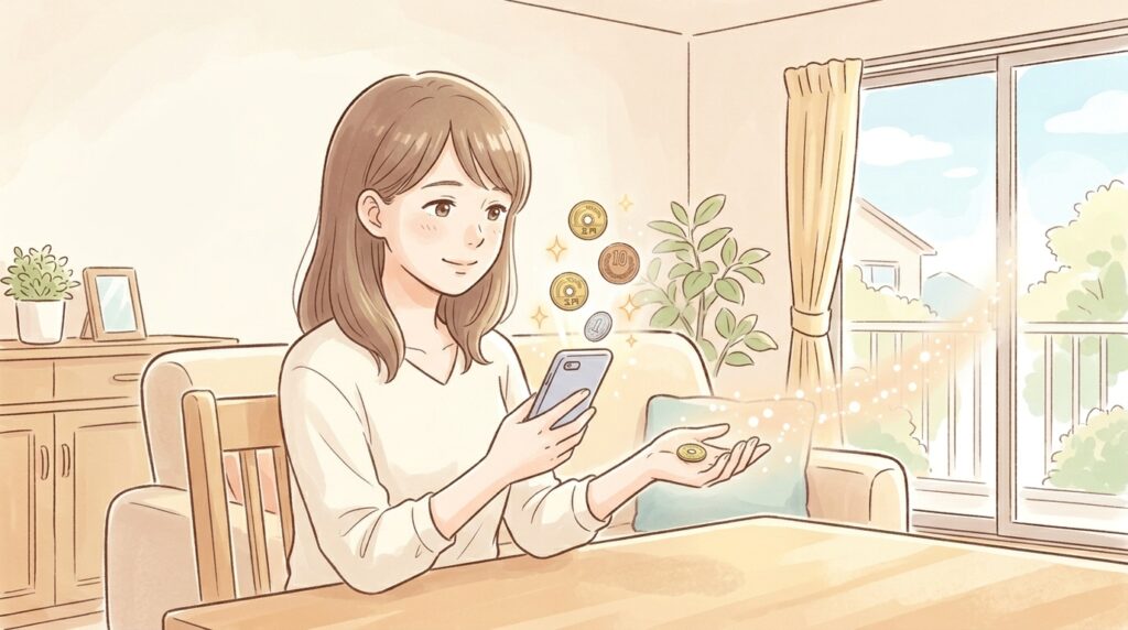 明るい部屋でスマホを操作し、小さな報酬を得て笑顔を見せる主婦のイラスト