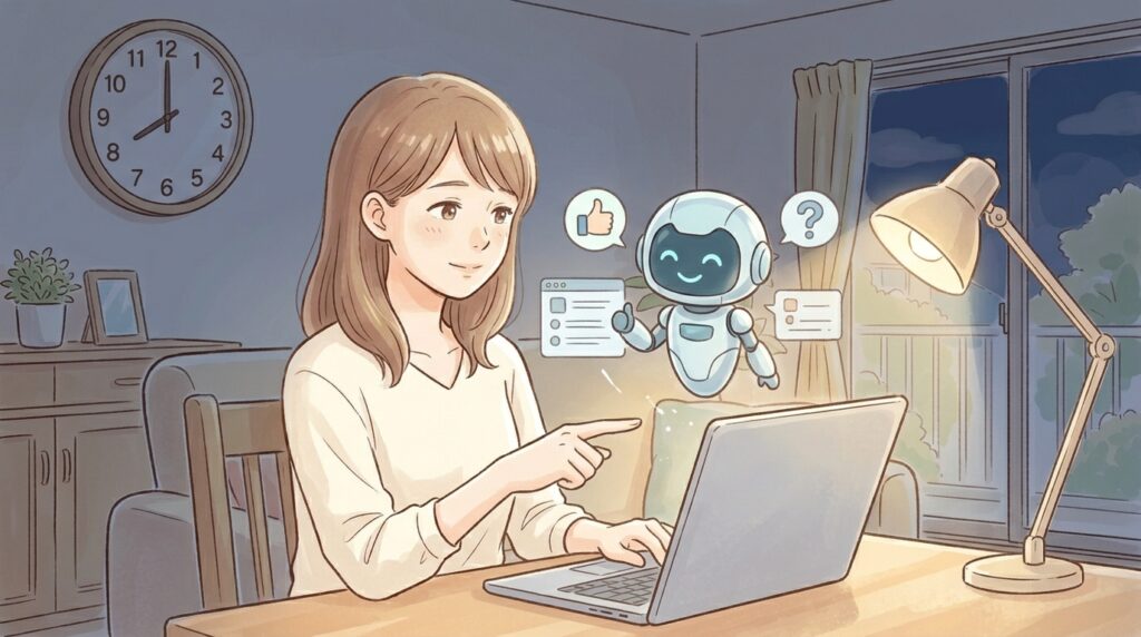 夜、パソコン画面の横で小さなAIキャラクターと相談しながら、案件チェックをする女性のイラスト