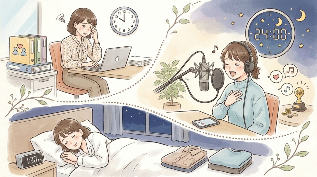 朝はオフィスのデスクで働き、夜は帰宅後にマイクの前で配信をし、深夜1時過ぎに眠る過酷なスケジュールをこなす女性ライバーのイラスト。