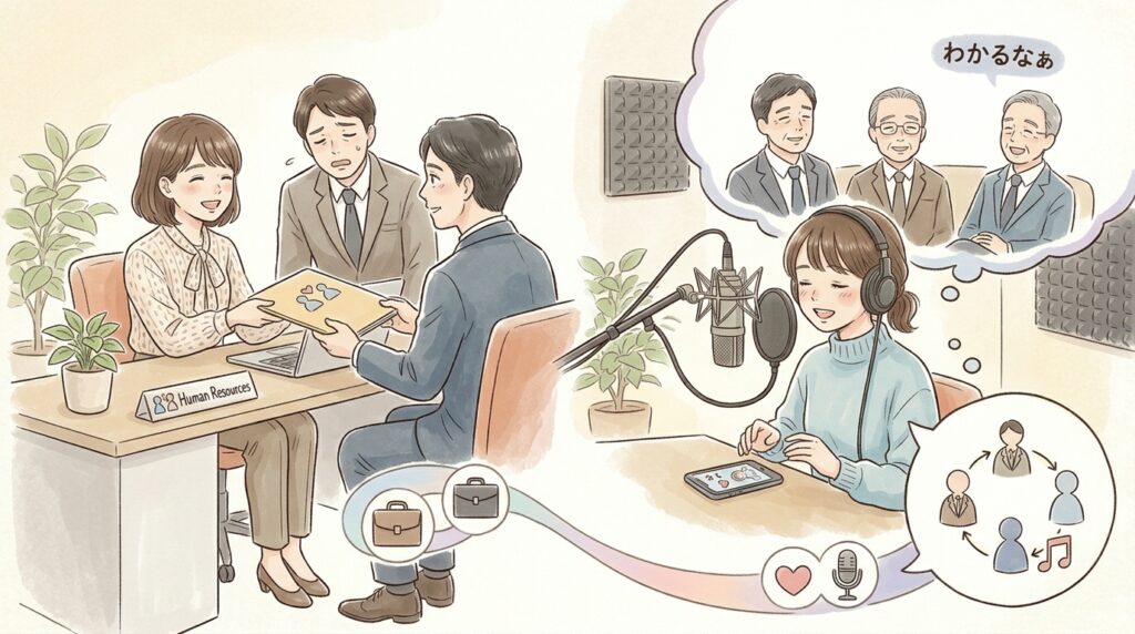 人事労務の仕事をする女性ライバーの社会人経験が、配信中のスマホ画面を通じて、仕事に疲れた男性リスナーたちへの共感となり、彼らが安心している様子を描いたイラスト