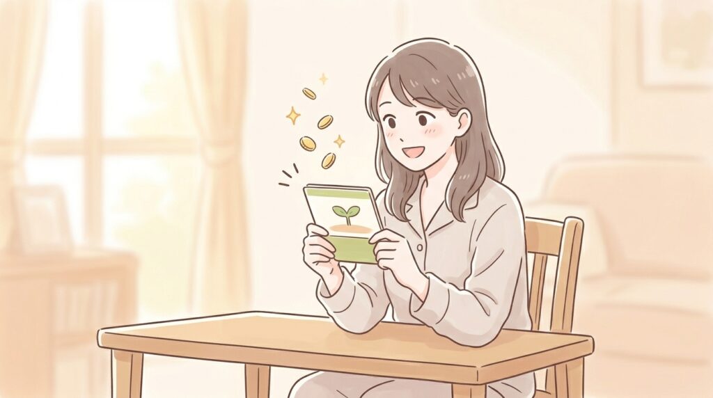 副業専用の通帳を大切そうに抱え、小さな成果を喜ぶ女性のイラスト