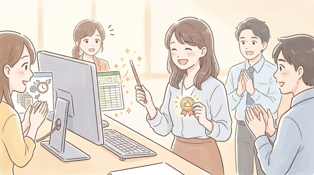 オフィスで魔法のように自動化ツールを使い、同僚たちから感謝される事務職の女性のイラスト