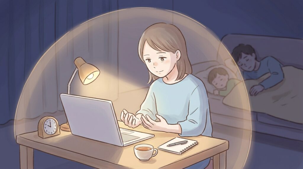 夜、家族が寝静まった後に、リビングの片隅に作られた「自分の聖域」で、集中してパソコンに向かう主婦のイラスト