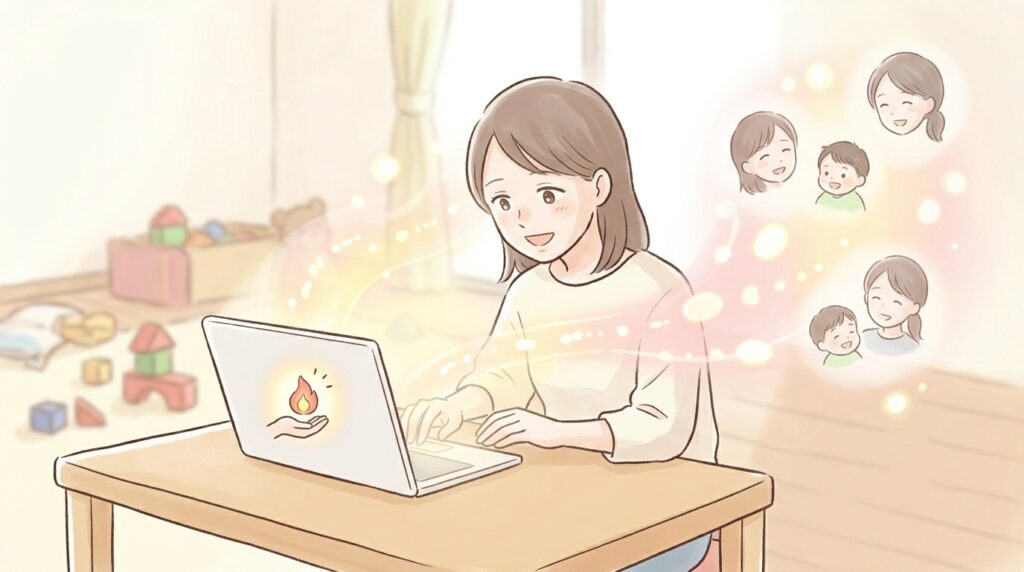 パソコンから自分の言葉（経験）を送り出し、それを笑顔で受け取る人々を見て、喜びを感じる主婦のイラスト