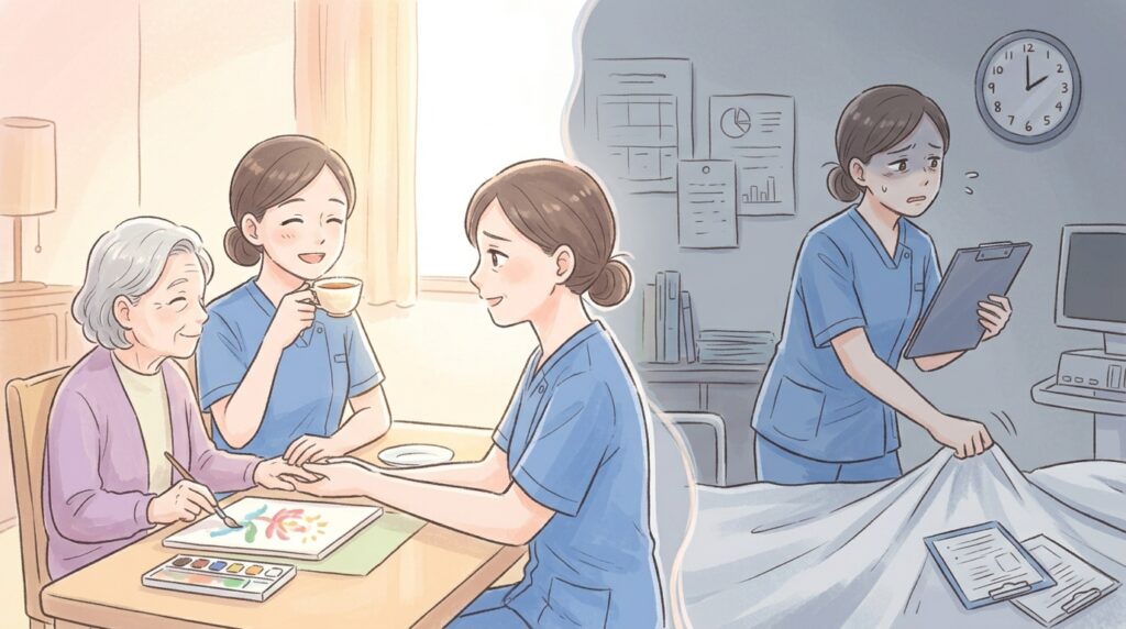 笑顔で利用者と向き合う理想の介護（左）と、時間に追われ作業をこなす現実の介護（右）の間で悩む女性のイラスト