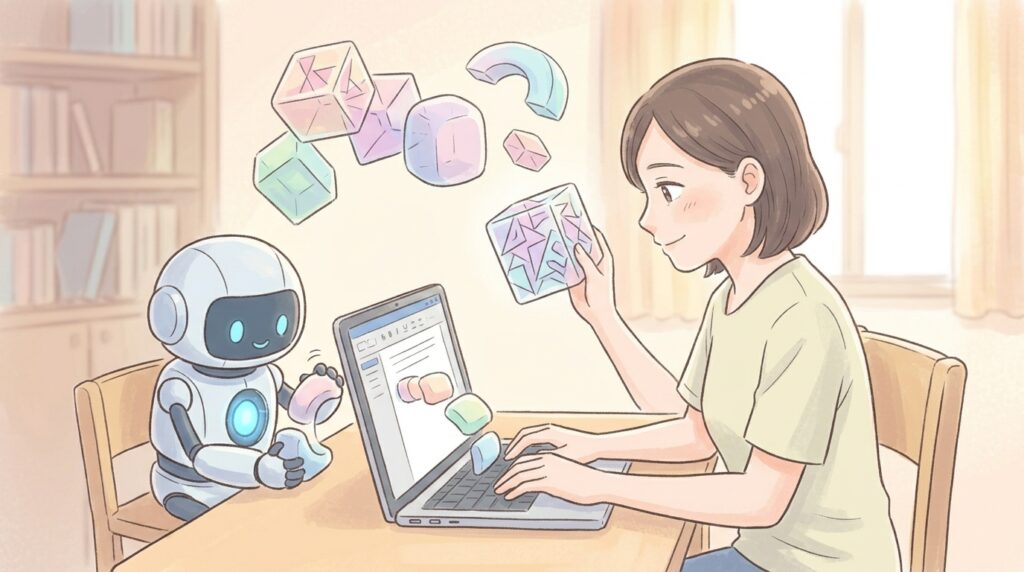 女性ライターが、小さなロボット（AIアシスタント）と協力して、専門知識を分かりやすい記事にする様子を描いたイラスト