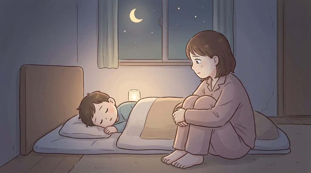 寝ている子供の横で、将来の不安に押しつぶされそうになりながら涙を流すシングルマザーのイラスト