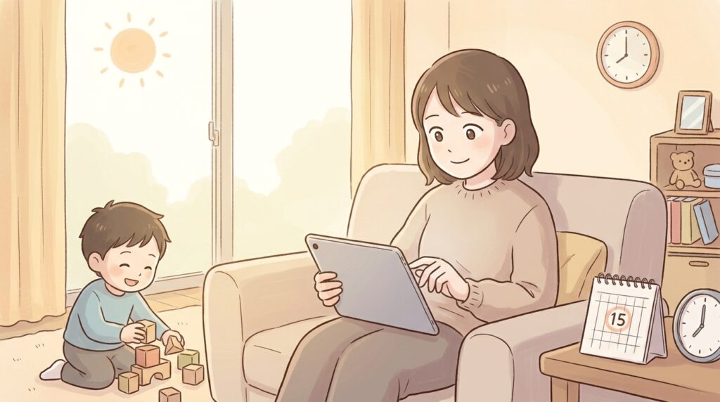子供が遊ぶ傍らで、好きな時間にスマホで副業をするリラックスした母親のイラスト