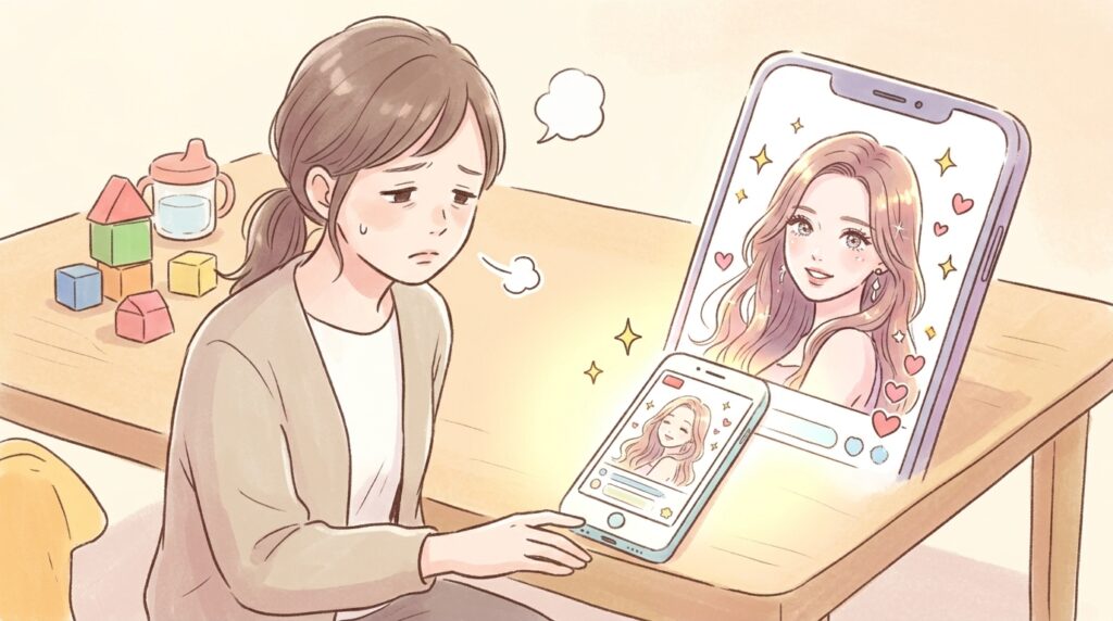 スマホに映る華やかな人気ライバーと自分を比較して落ち込む、部屋着姿の30代女性のイラスト