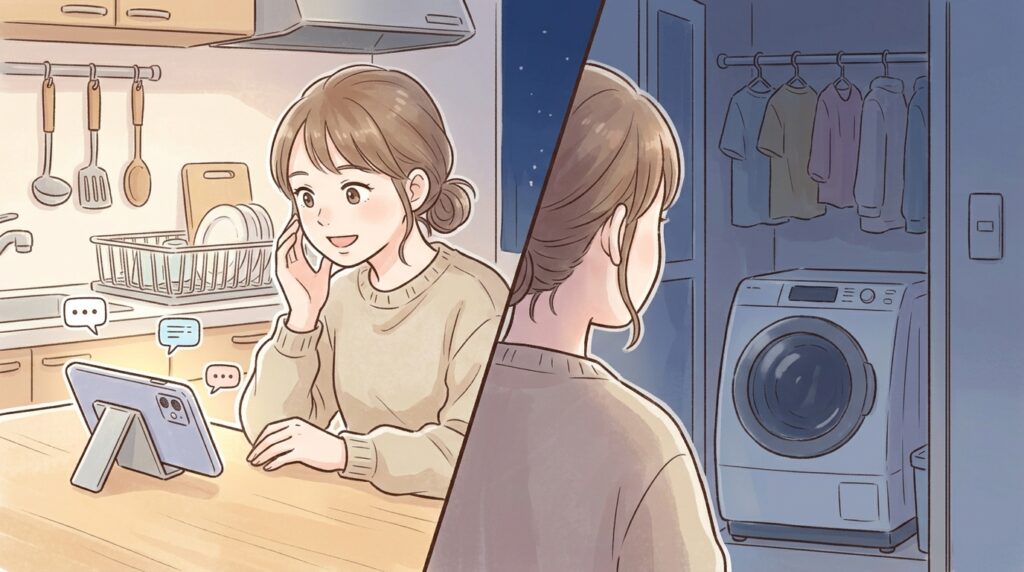 夜のキッチンで洗い物をしながら、スマホでライブ配信を行っている主婦ライバーのイラスト