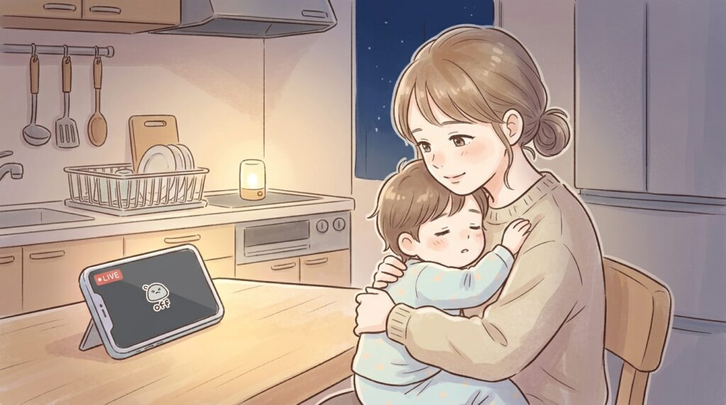 ライブ配信中に子供が泣いて起きてきたため、すぐに配信を終了して子供を抱きしめる女性のイラスト