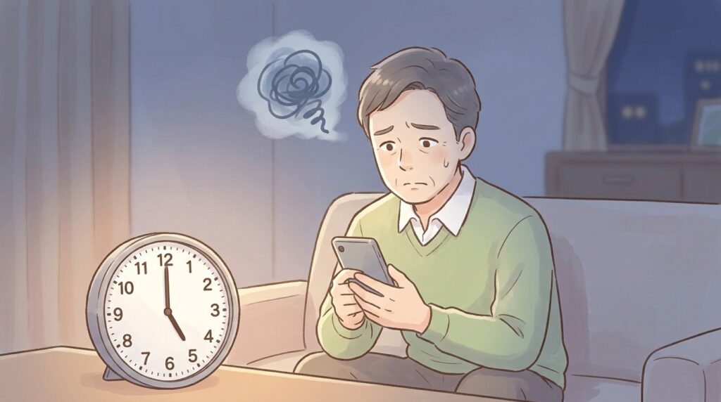 定時退社後、薄暗い自宅のソファでスマホを眺めながら、時間を無駄にしていると感じて焦る男性