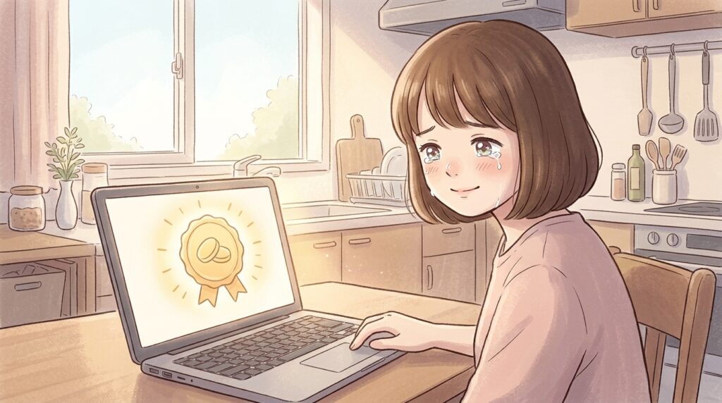 パソコン画面に表示された初めての報酬(を象徴する光)を見て、安堵の涙を流す女性のイラスト