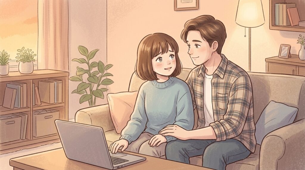 夫に在宅ワークをしたいと相談し、笑顔で快諾と応援をしてもらう女性のイラスト