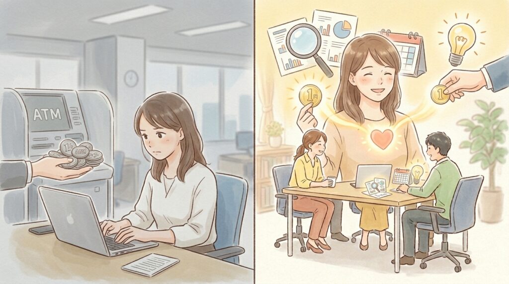 ATMから無表情で給与を受け取る会社員の自分と、クライアントから直接光る1円玉を受け取り、心から喜ぶ副業の自分を対比したイラスト