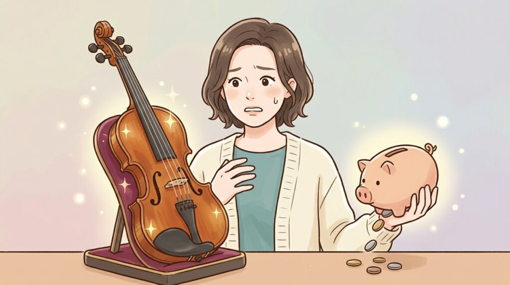 高価な楽器への投資に不安を感じる綾瀬さんのイラスト。貯金を切り崩して専門機材を購入する際の金銭的な恐怖を描いている。