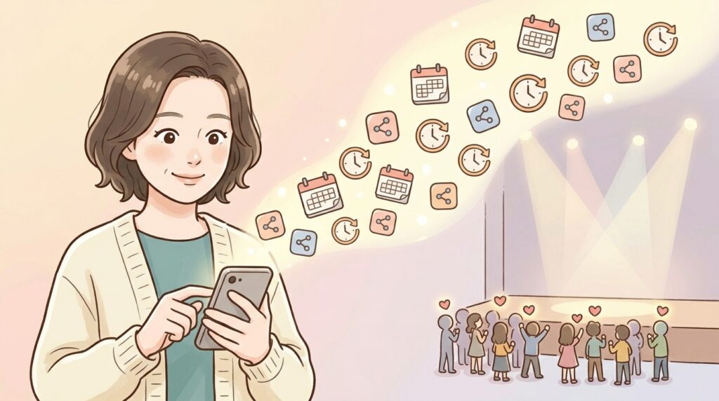 SNSを駆使して集客する綾瀬さんのイラスト。カウントダウン投稿やマメな情報更新でファンとイベントへの期待感を高める様子。