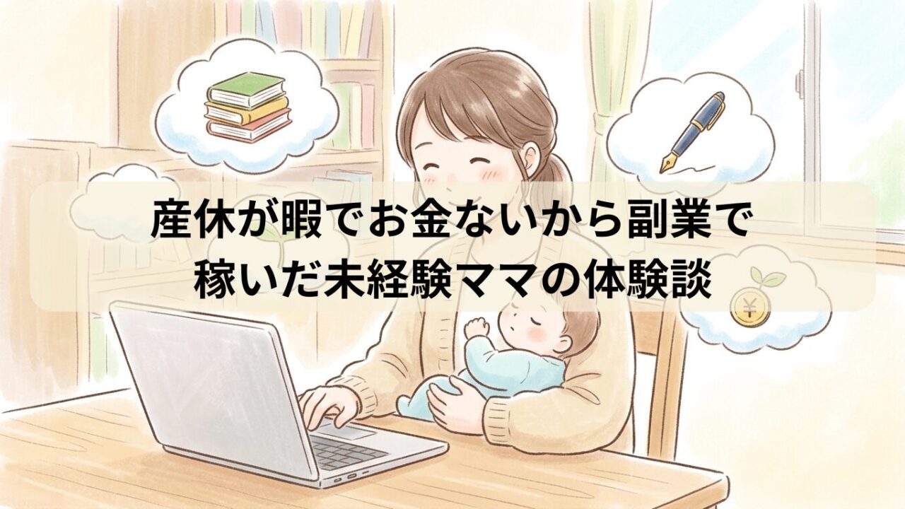 育休中に赤ちゃんを抱っこしながら笑顔でノートパソコンに向かい、ライターとして活動する30代女性（上田さん）のイラスト