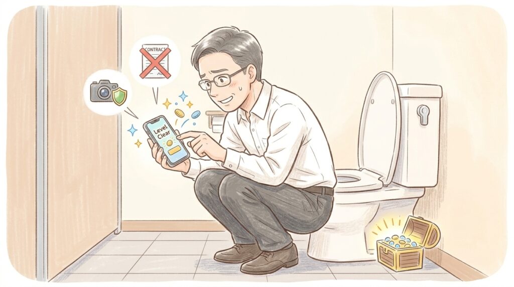 職場のトイレで焦りながらスマホのポイ活案件をこなす、公務員男性の泥臭くも必死な様子を描いたイラスト
