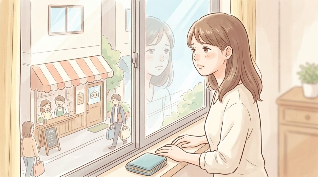 自宅の窓から外の楽しげな様子を眺め、財布を手に葛藤している専業主婦のイラスト