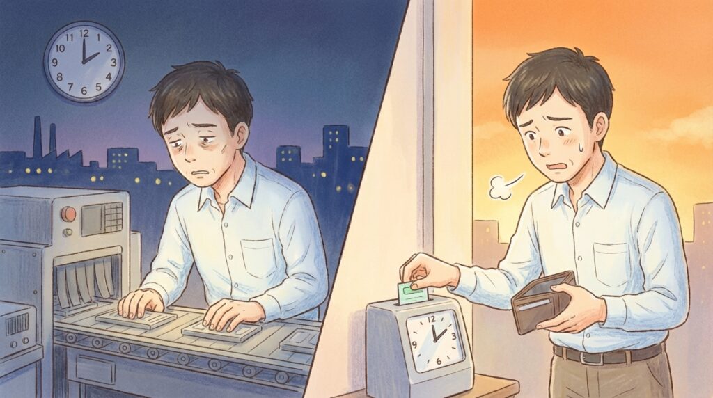 工場の残業で疲弊していた過去と、残業が減り定時で帰宅できるが収入減少に不安を感じて財布を見る現在を対比した会社員男性のイラスト