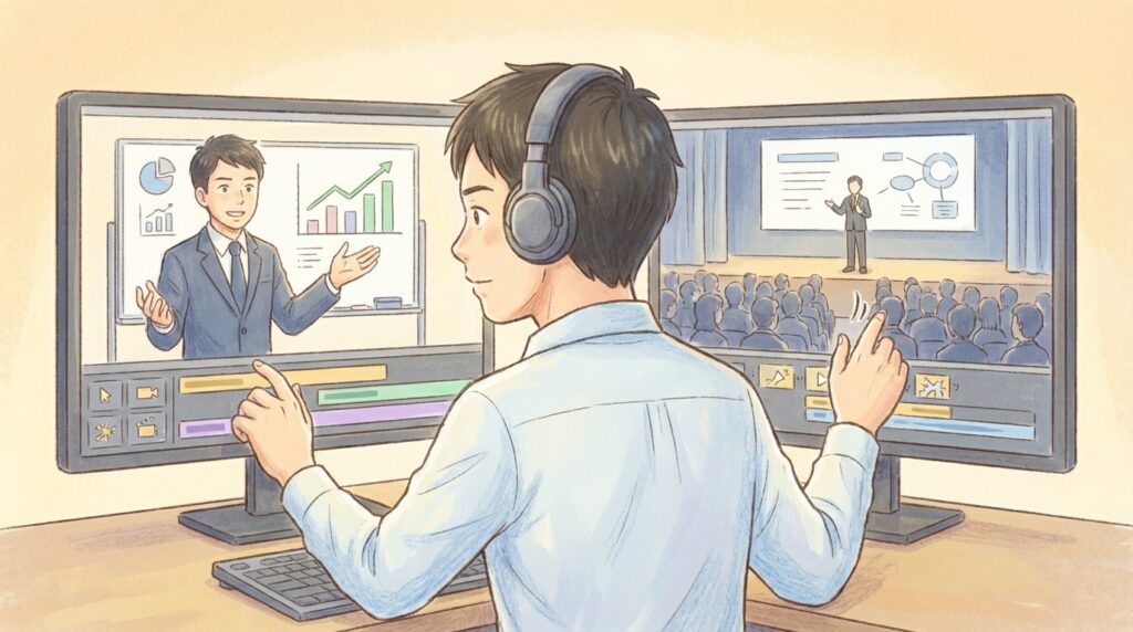 YouTubeのビジネス系動画と、セミナー講演動画という異なる2つのジャンルを、それぞれの特徴に合わせて編集している作業画面のイラスト