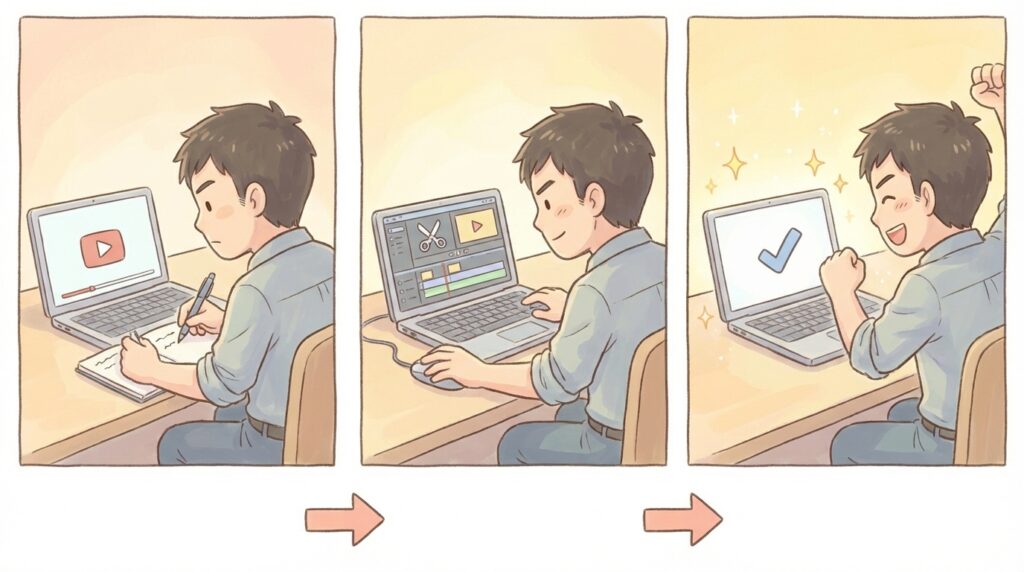パソコンで動画を見ながら学習し、実際に編集ソフトを操作し、最後に案件採用の通知を受けて喜ぶまでの3ステップを描いたイラスト