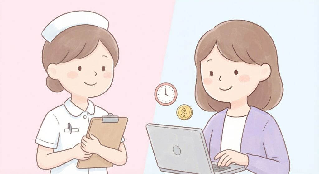 フルタイムの看護師として働きながら、限られた時間でWeb制作の副業に取り組む女性のイラスト