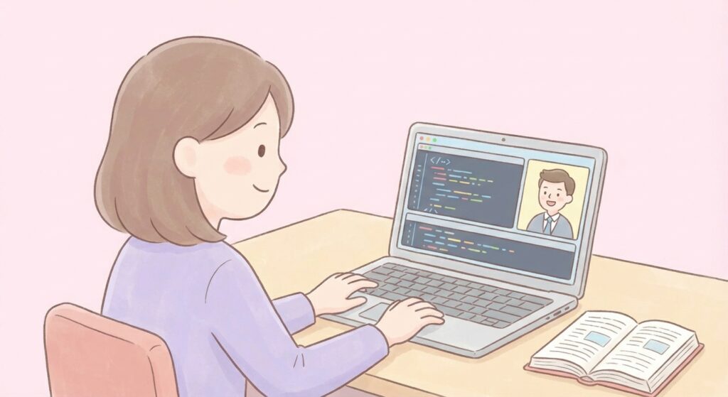 オンラインスクールWEBCOACHでコーチのサポートを受けながら、教材や書籍を使って自発的にWeb制作のスキルを学習する様子を描いたイラスト