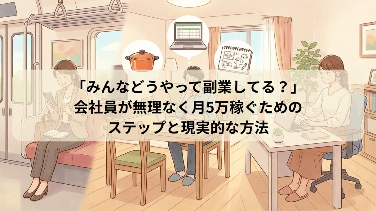 会社員たちが通勤時間や自宅で、それぞれのペースで副業の準備やスキル整理、環境作りを行っている、温かみのあるイラスト