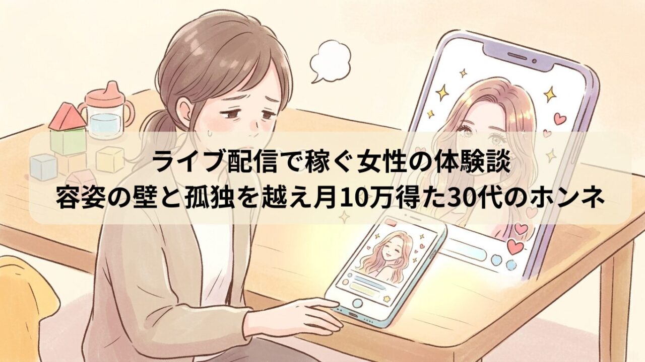 スマホに映る華やかな人気ライバーと自分を比較して落ち込む、部屋着姿の30代女性のイラスト
