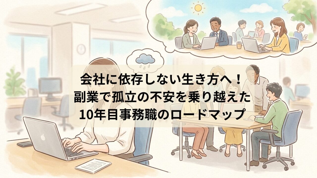会社で一人黙々と経理事務をこなす女性と、チームで楽しげに働く周囲の社員との対比を描いたイラスト