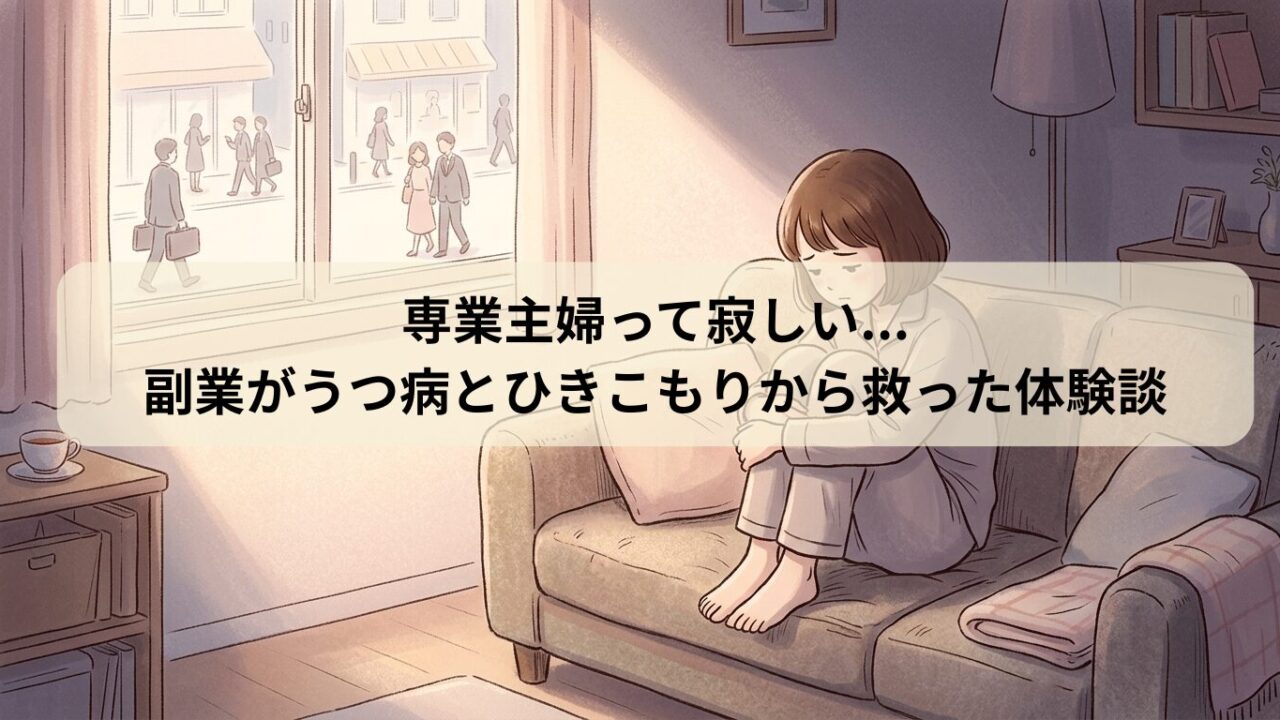 薄暗いリビングで膝を抱えて座り込み、窓の外の通勤風景を眺めて孤独を感じる専業主婦のイラスト