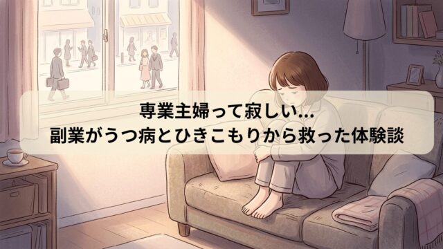 薄暗いリビングで膝を抱えて座り込み、窓の外の通勤風景を眺めて孤独を感じる専業主婦のイラスト