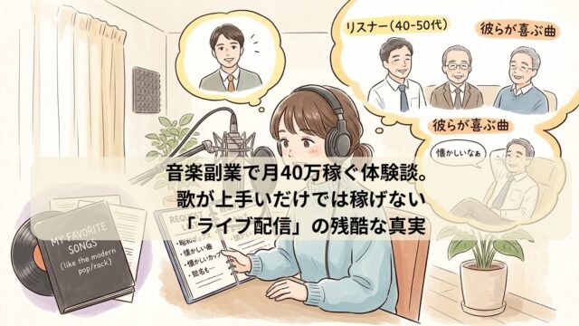 自分の好きな曲の楽譜を閉じ、30代から50代の男性リスナーたちがリクエストする懐かしい曲を一生懸命に覚えて歌う女性ライバーのイラスト