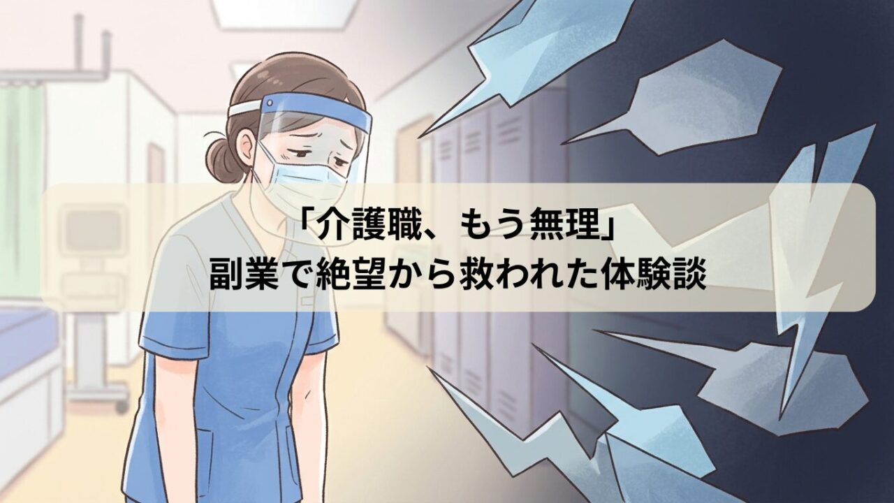 コロナ禍の介護現場で、防護服姿で疲れ果て、上司からの心ない言葉にショックを受ける女性職員のイラスト