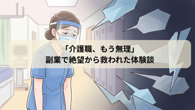 コロナ禍の介護現場で、防護服姿で疲れ果て、上司からの心ない言葉にショックを受ける女性職員のイラスト
