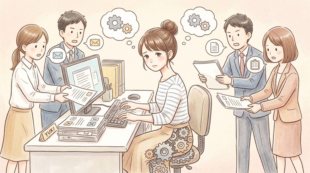 パソコンで高速処理をするロボットのような姿の女性営業事務員と、業務を頼む周囲の様子