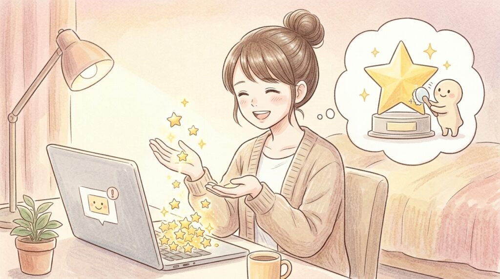 副業で丁寧な仕事をすることで、クライアントからの感謝と報酬（星）を受け取り、笑顔になる女性