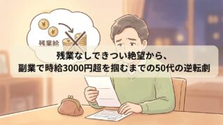 給与明細を見て、残業代が減り将来への不安を感じている50代の男性
