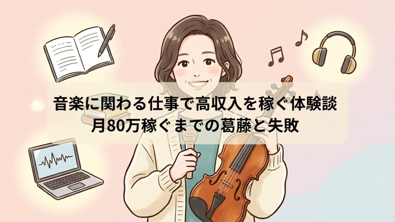 音楽副業で高収入を得た綾瀬さんのプロフィールイラスト。笑顔で楽器を持ち、周囲には演奏、配信、通訳の仕事を象徴するアイコンが浮かんでいる。