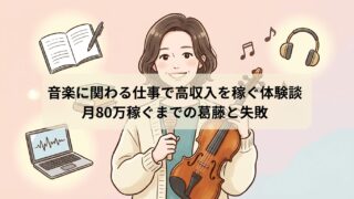 音楽副業で高収入を得た綾瀬さんのプロフィールイラスト。笑顔で楽器を持ち、周囲には演奏、配信、通訳の仕事を象徴するアイコンが浮かんでいる。